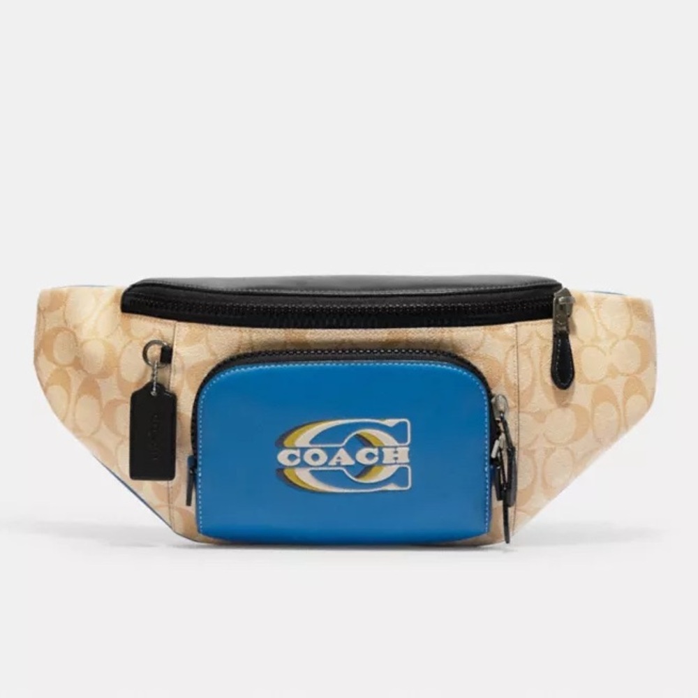 Coach (CH587) Track Khaki Colorblock Coated Canvas Leather Logo Stamp Belt Bag